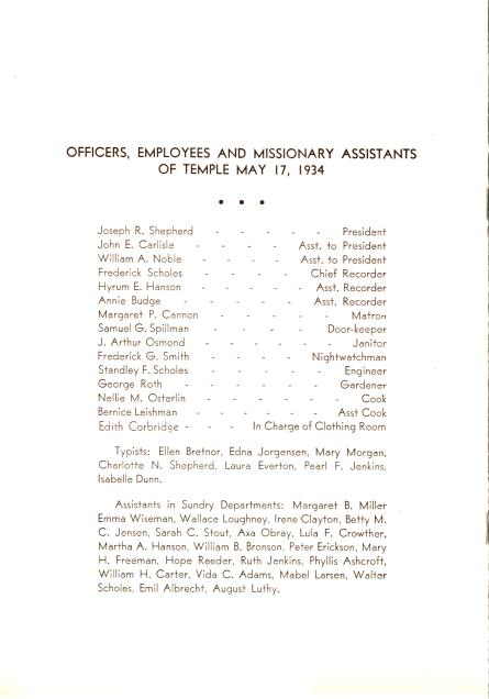 List of Officers, Employees, and Missionary Assistants - May 17, 1934